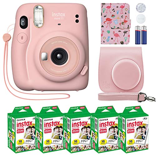 Fujifilm Instax Mini 11 Sofortbildkamera Blush Pink + individuelle Hülle + Fuji Instax Film Value Pack (50 Blatt). Flamingo Designer-Fotoalbum für Fuji Instax Mini 11 Fotos