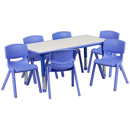 Flash Furniture 23.625''W x 47.25''L Rechteckiger blauer Kunststoff Höhenverstellbarer Aktivitätstisch mit 6 Stühlen