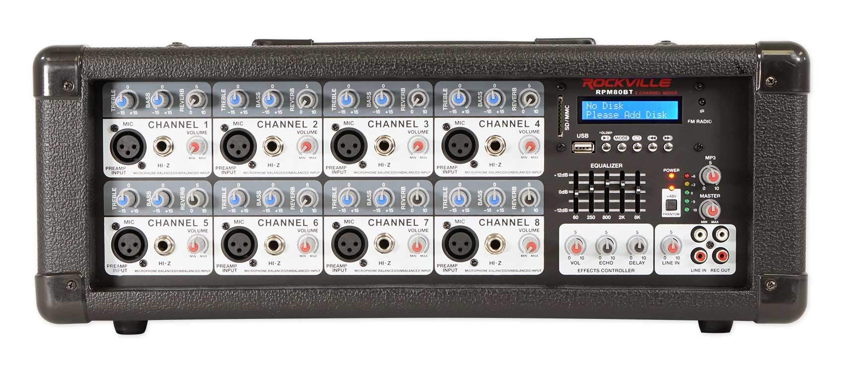 Rockville RPM80BT 2400 W angetriebener 8-Kanal-Mixer/Verstärker mit Bluetooth/EQ/Effekten