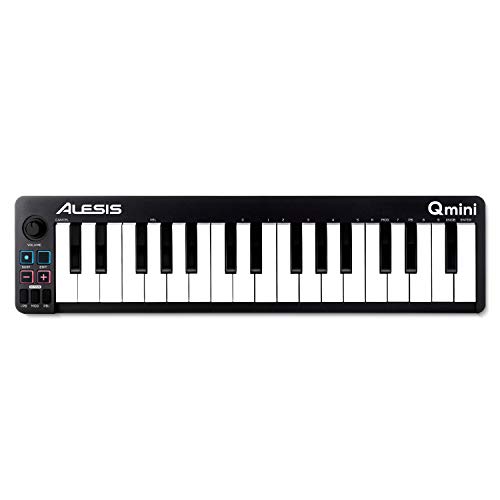 Alesis Qmini – Tragbarer 32-Tasten-USB-MIDI-Keyboard-Controller mit anschlagdynamischen Synth-Aktionstasten und Musikproduktionssoftware im Lieferumfang enthalten