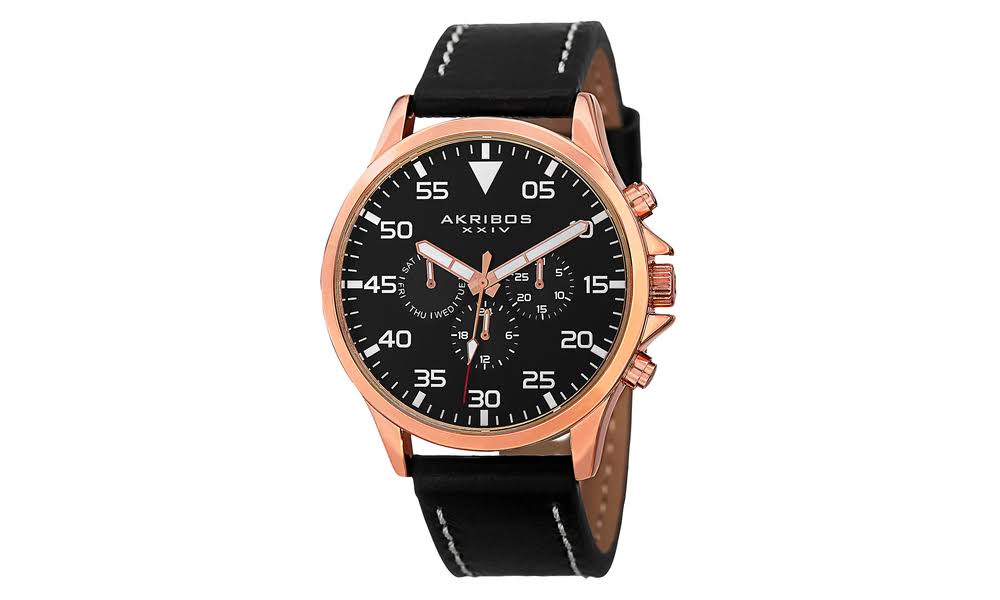 TWI Watches, LLC Akribos XXIV Herren AK773RGB Multifunktionsuhr aus Schweizer Quarzwerk mit schwarzem Zifferblatt und Schwarz mit cremefarbenem Lederarmband