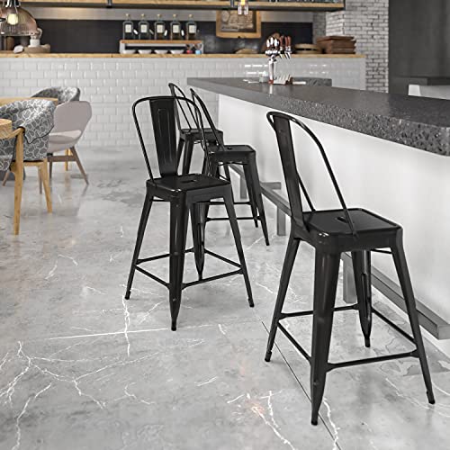Flash Furniture Kommerzieller 4er-Pack 24'' hoher Barhocker aus schwarzem Metall für den Innen- und Außenbereich mit Thekenhöhe und abnehmbarer Rückenlehne