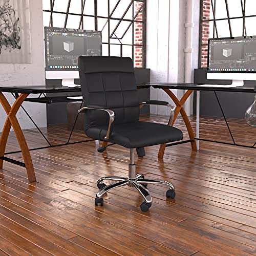 Flash Furniture Drehbarer Bürostuhl aus schwarzem Vinyl mit mittlerer Rückenlehne und verchromtem Gestell und Armlehnen