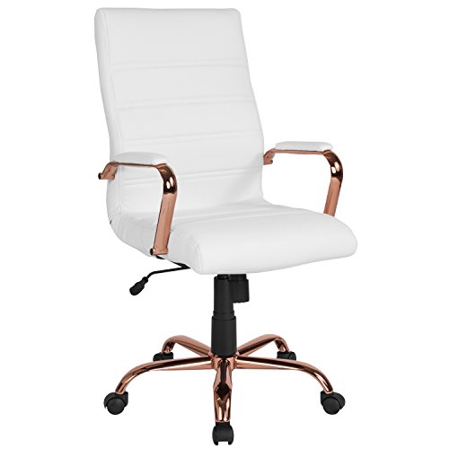 Flash Furniture Schreibtischstuhl mit hoher Rückenlehne – Weißes Leder. Weicher Chefdreh-Bürostuhl mit roségoldenem Gestell – Dreharmstuhl