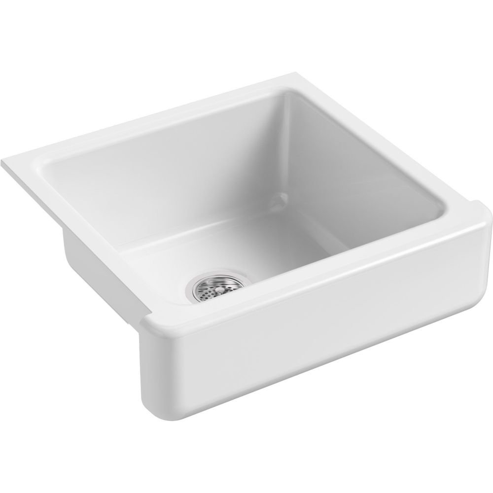 KOHLER Whitehaven Farmhouse Self-Trimming Apron Front Cast Iron Sink, Single Bowl with Short Apron, 24 Inch, White