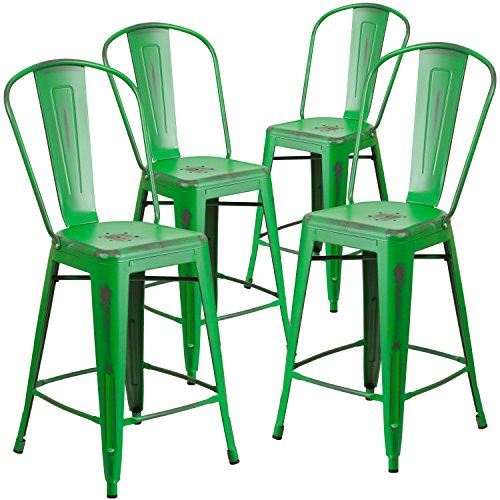 Flash Furniture 4 Pk. 24 '' High Distressed Green Metall Indoor-Outdoor Counter Height Hocker mit Rücken