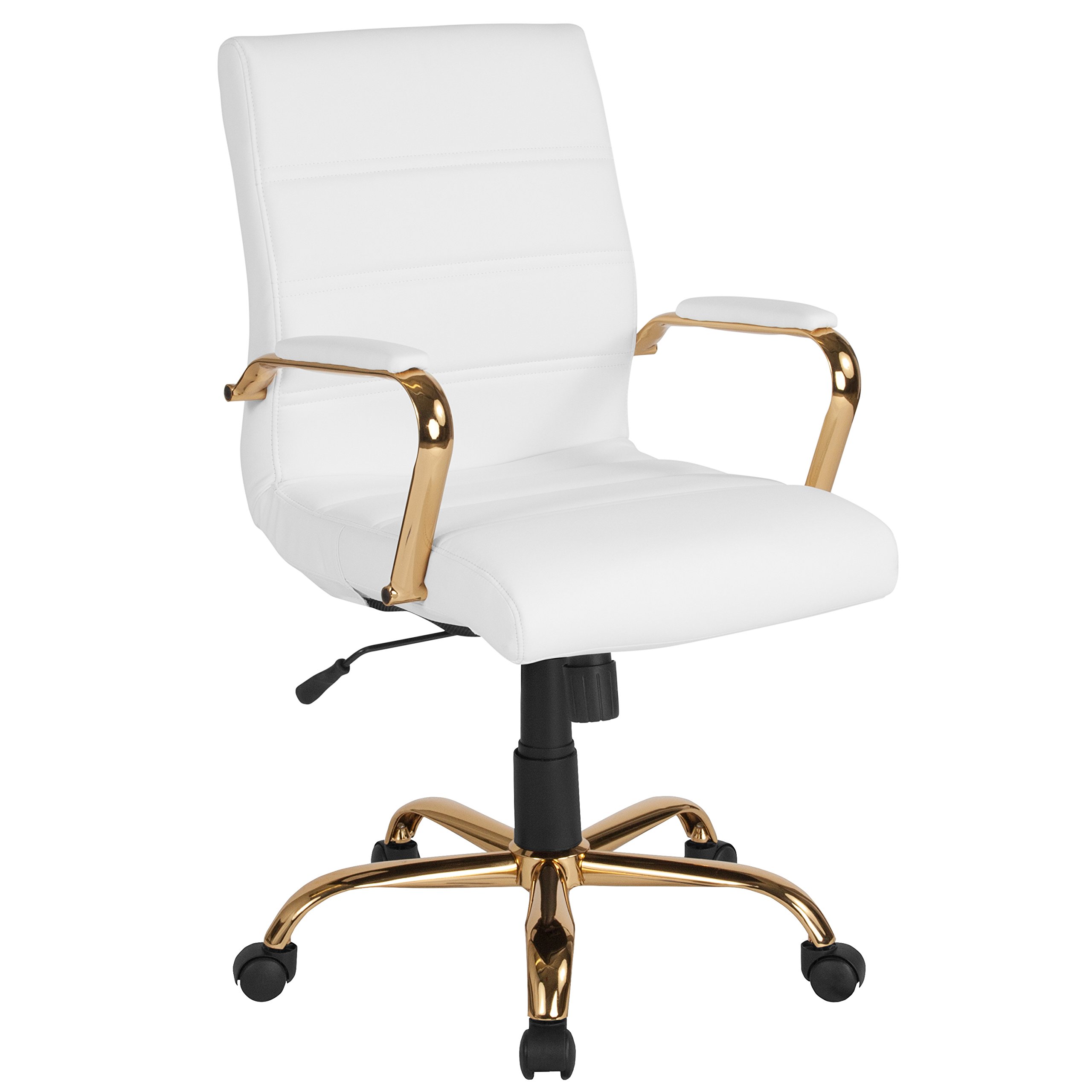 Flash Furniture Whitney Schreibtischstuhl mit mittlerer Rückenlehne – weißes Leder. Weicher Chefdreh-Bürostuhl mit goldenem Gestell – Drehsessel