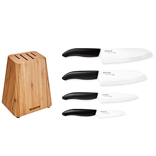 Kyocera Bambus-Messerblock-Set: enthält einen Bambusblock mit 4 Schlitzen und 4 fortschrittliche Keramikmesser – FK – schwarzer Griff/weiße Klinge