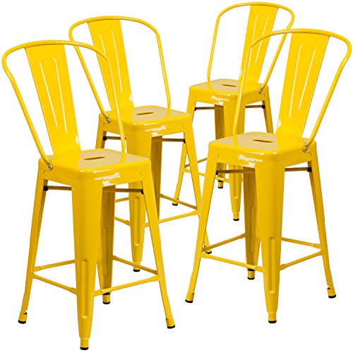 Flash Furniture Commercial Grade 4 Pack 24 'High Yellow Metall Indoor-Outdoor Counter Height Hocker mit abnehmbarer Rückenlehne