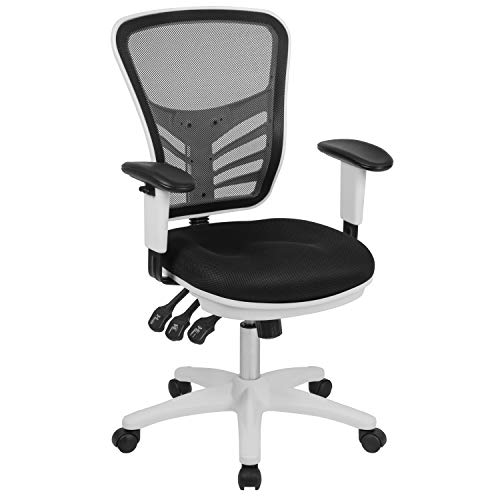 Flash Furniture Schwarzer Multifunktions-Executive-Drehstuhl mit mittlerer Rückenlehne und ergonomischem Bürostuhl mit verstellbaren Armen und weißem Rahmen
