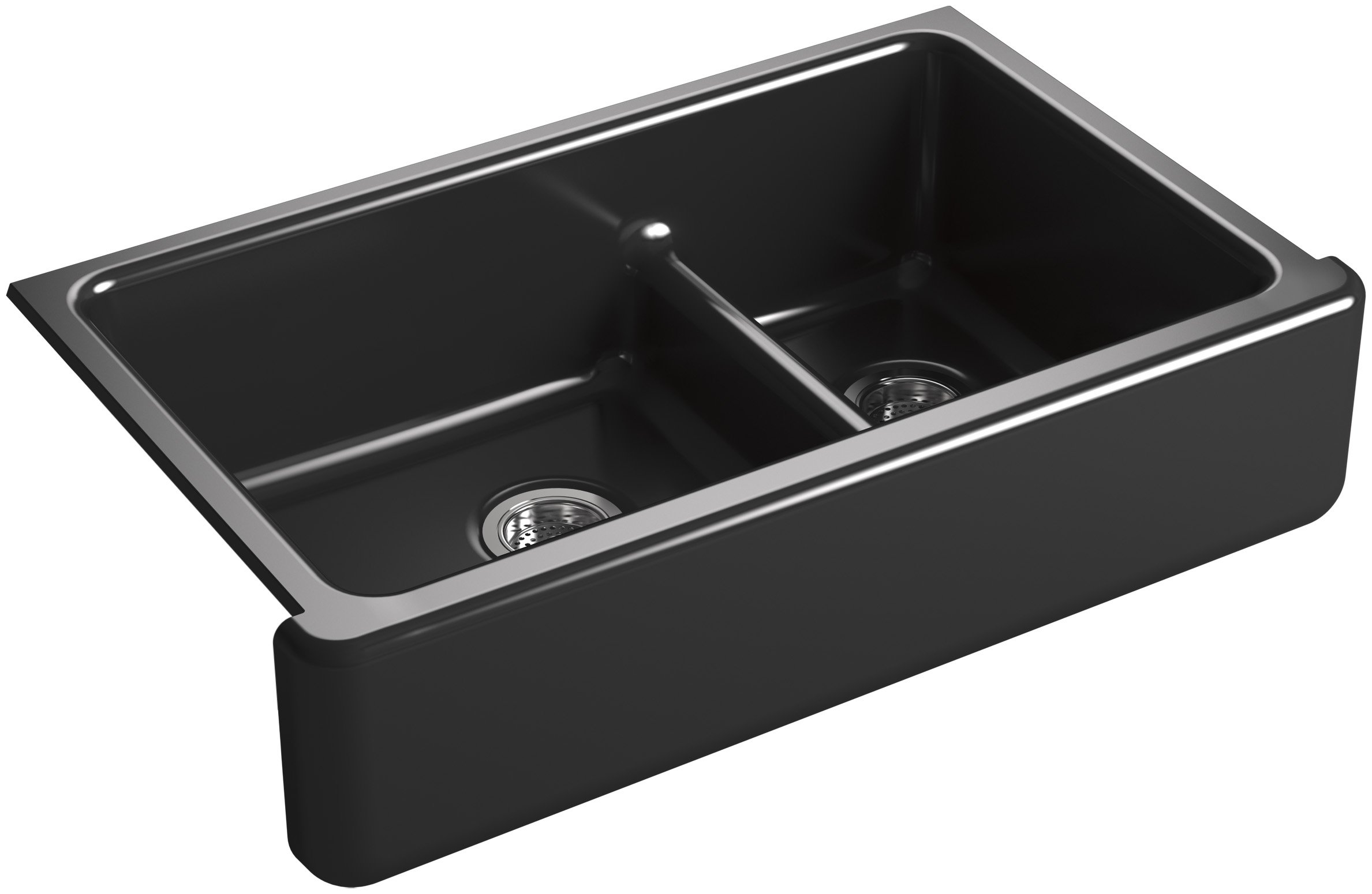 KOHLER Whitehaven Farmhouse Smart Divide Self-Trimming Undermount Apron Front Double-Bowl Kitchen Sink with Tall Apron, 35-1/2-Inch x 21-9/16-Inch, Black (K-6427-7)