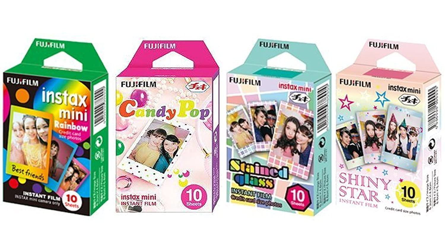 Fujifilm InstaX Mini Instant Film Rainbow & Staind Glass & Candy Pop & Shiny Star Film – 10 Blatt x 4 sortiertes Vorteilsset