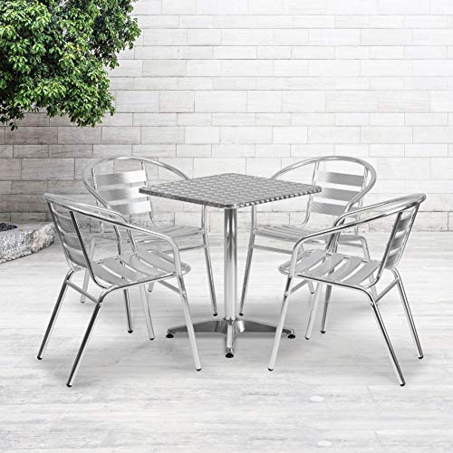 Flash Furniture Quadratischer Tisch aus Aluminium für den Innen- und Außenbereich mit 4 Stühlen mit Lattenrücken