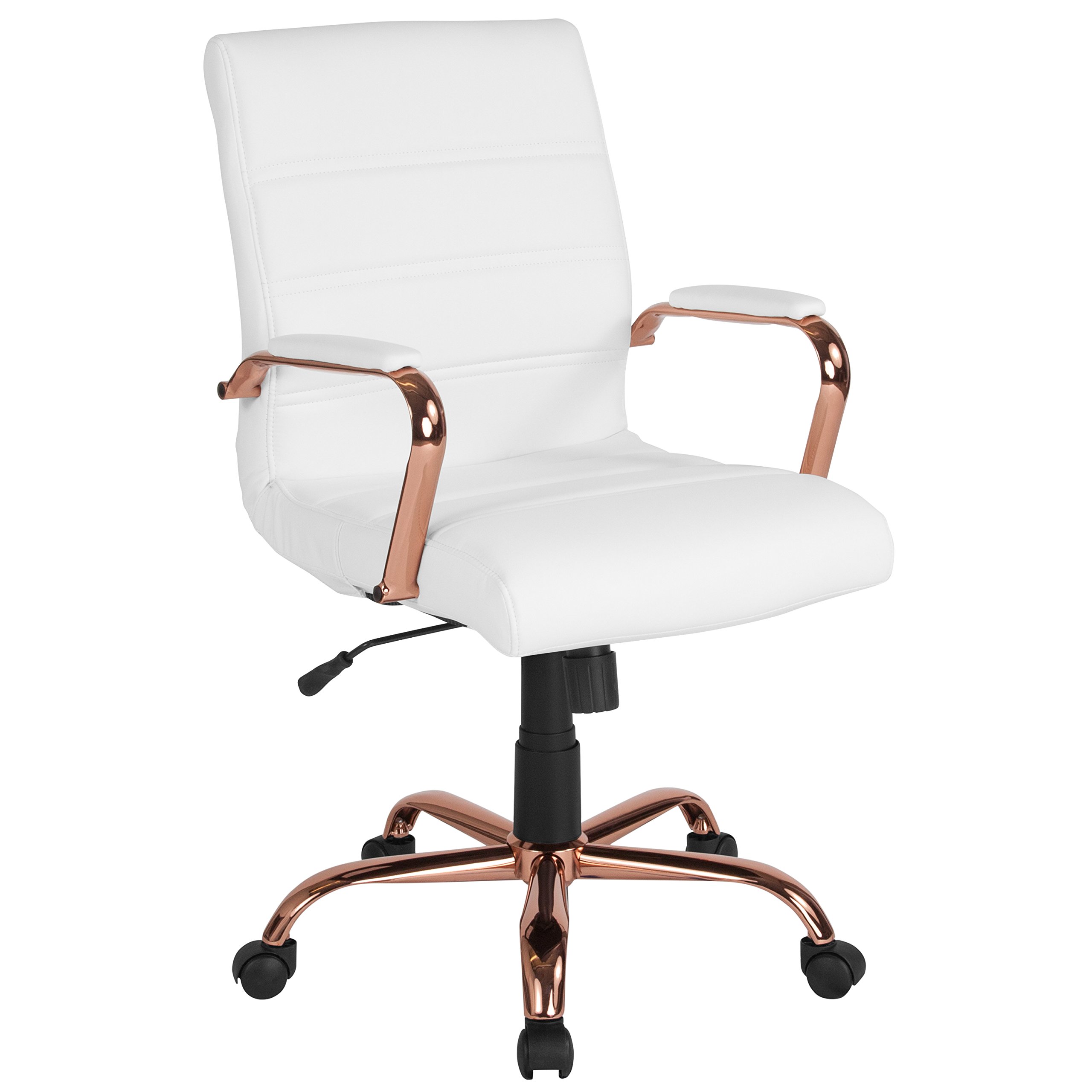 Flash Furniture Whitney Schreibtischstuhl mit mittlerer Rückenlehne – weißes Leder. Weicher Chefdreh-Bürostuhl mit roségoldenem Gestell – Drehsessel
