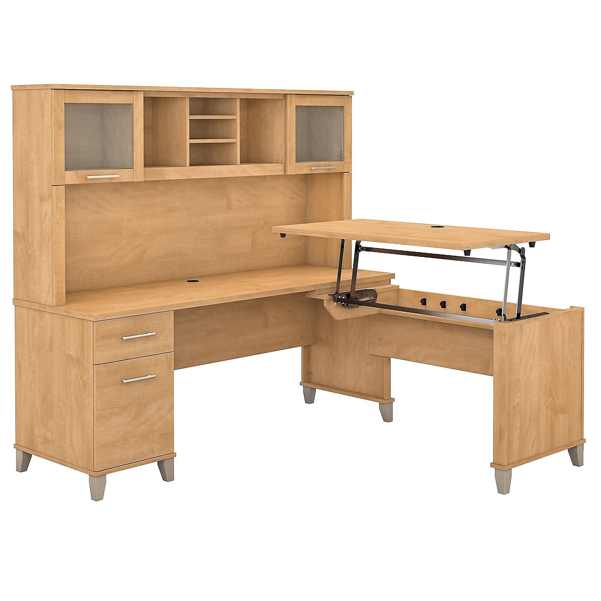 Bush Furniture Somerset 72W 3-Positionen-Sitz-Steh-L-förmiger Schreibtisch mit Hutch in Maple Cross