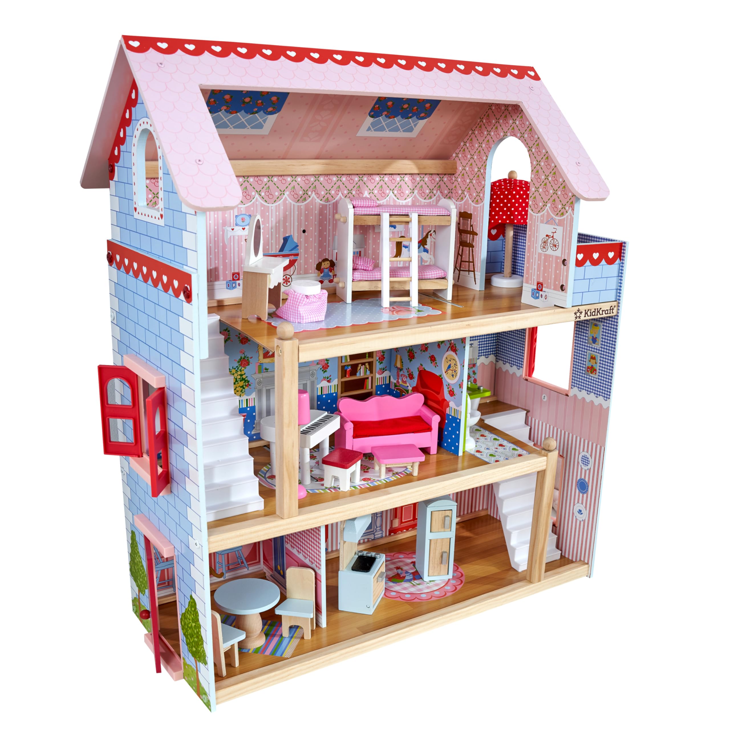 KidKraft Chelsea Doll Cottage Puppenhaus aus Holz mit 16 Zubehörteilen und funktionierenden Fensterläden für 5-Zoll-Puppen