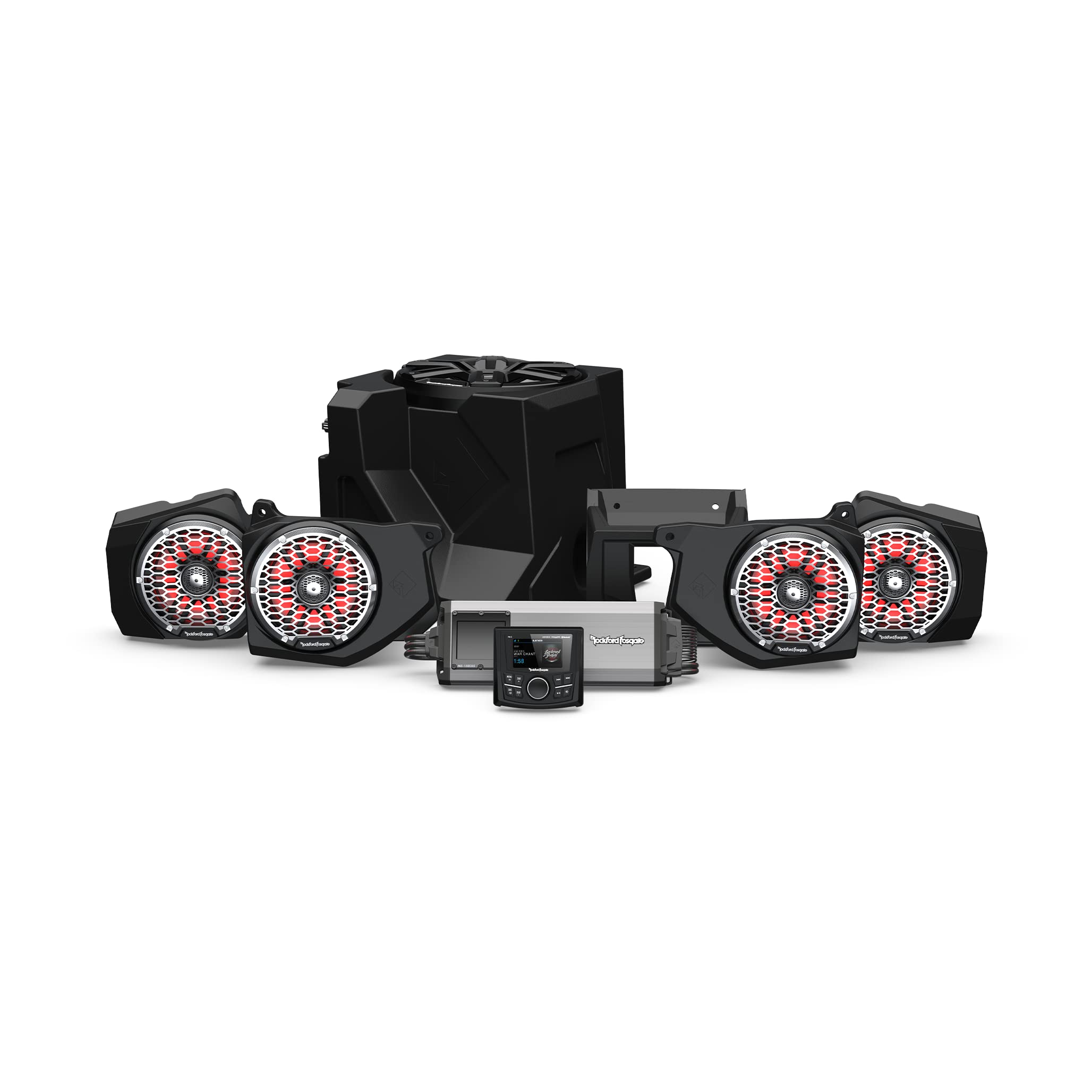 Rockford Fosgate RNGR18-STG6 Audio Kit: PMX-3 Receiver, 1500-Watt Amp, M2 Series Color Optix Multicolor LED Lighted Front & Rear Speakers Plus Subwoofer for Select Polaris Ranger Models (2018-2022)