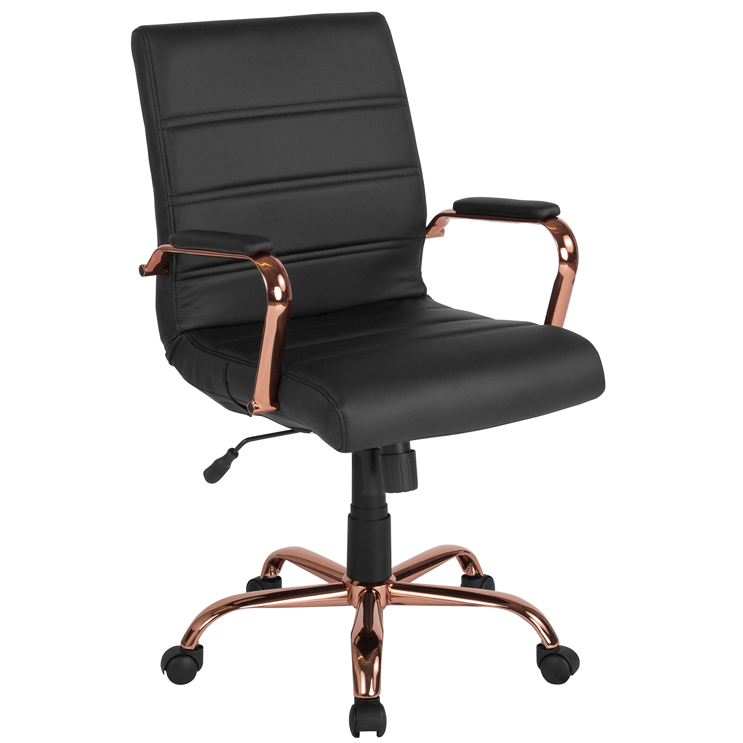 Flash Furniture Schreibtischstuhl mit mittlerer Rückenlehne – Schwarzer LederSoft Executive-Drehbürostuhl mit roségoldenem Gestell – Drehsessel