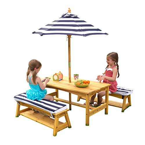 KidKraft Tisch- und Stuhlset im Freien mit Kissen und Navy-Streifen