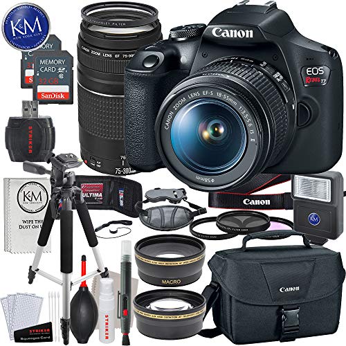 Canon EOS Rebel T7 DSLR-Kamera mit EF-S 18–55 mm Objektiv + EF 75–300 mm Objektiv + 2 x 32 GB Speicher + Deluxe Bundle