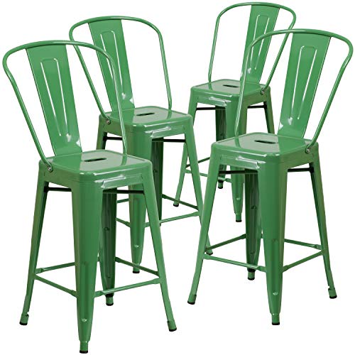 Flash Furniture Commercial Grade 4 Pack 24 'High Green Metall Indoor-Outdoor Counter Height Hocker mit abnehmbarer Rückenlehne