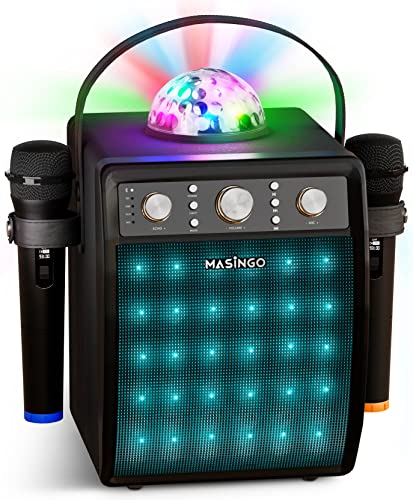  MASINGO Bluetooth-Karaoke-Maschine für Erwachsene und Kinder – Tragbares Gesangsausrüstungsset mit 2 kabellosen Karaoke-Mikrofonen – PA-Lautsprechersystem mit Discokugel und Partybeleuchtung +...