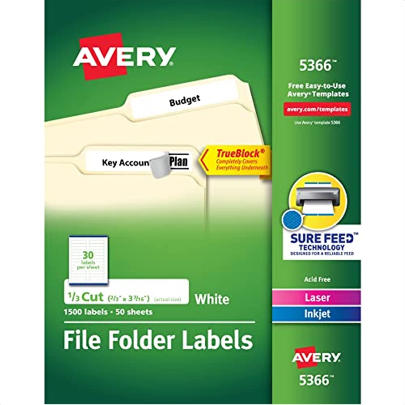 Avery Dateiordneretiketten für Laser- und Tintenstrahldrucker mit TrueBlock-Technologie