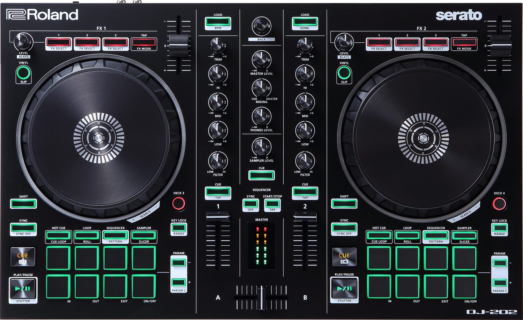 Roland  Zweikanaliger Serato DJ-Controller mit vier Decks und Serato DJ Pro-Upgrade (DJ-202)