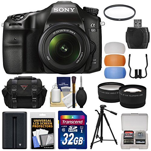 Sony Alpha A68 Digitale Spiegelreflexkamera und 18-55-mm-Objektiv mit 32-GB-Karte + Akku + Tasche + Stativ + Filter + Tele-/Weitwinkelobjektiv-Kit