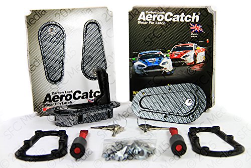 Aerocatch Kit mit bündig verriegelndem Motorhaubenverschluss und Stift – schwarzer Carbonfaser-Look – jetzt inklusive geformter Befestigungsplatten – Teilenummer 125-3100