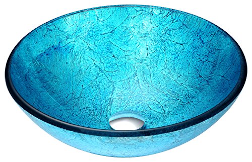 ANZZI Modernes Accent-Waschbecken aus gehärtetem Glas in Blue Ice | Aqua Top Mount Badezimmerwaschbecken über der Theke | Runde Waschtisch-Waschtischschüssel mit Pop-Up-Ablauf | LS-AZ047