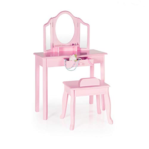 Guidecraft Waschtisch und Hocker - Pink: Kinder-Holztisch und Aufbewahrungsstuhl Set mit 3 Spiegeln und Aufbewahrungsschublade - Kindermöbel