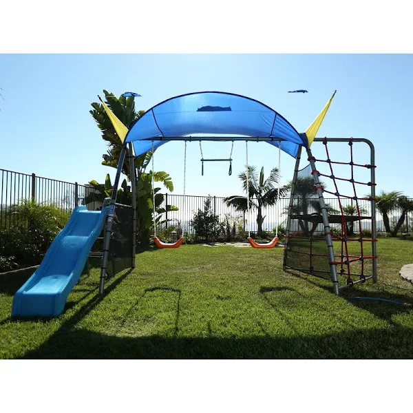 Ironkids  Challenge 300 Refreshing Mist Schaukelset mit Seilaufstieg und erweitertem UV-Schutz-Sonnenschutz – Spielplatzsystem